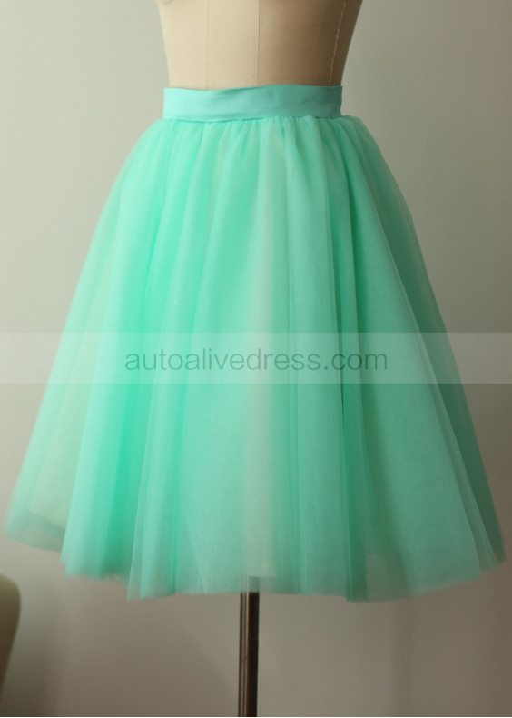 Turquoise Blue Satin Belt Tulle Knee Length Skirt